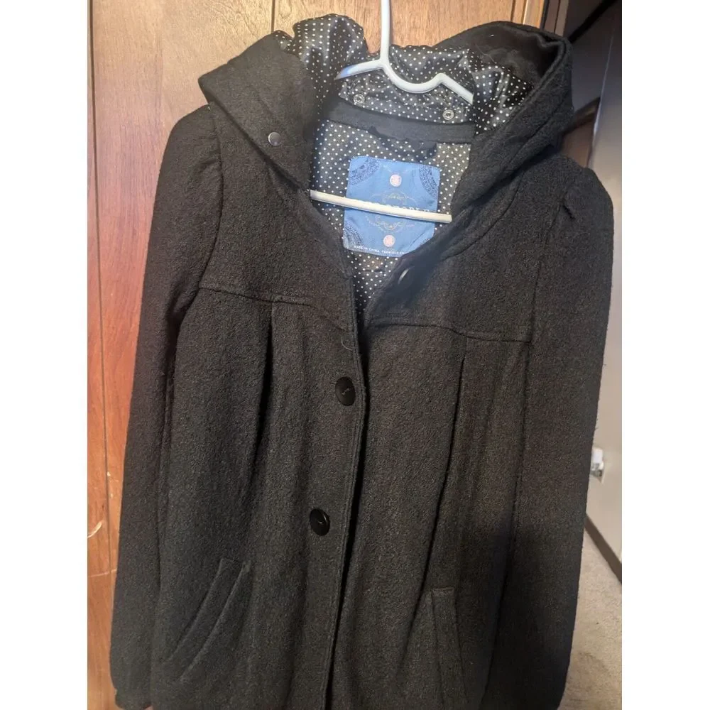 Free People Coat Peacoat Black XS  Wool Blend With Silky Feel Detachable Hood‎
